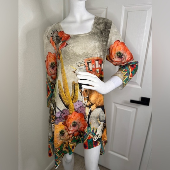 a. m. m. a Western Cream and Orange Asymmetrical Graphic Dress. - Picture 1 of 11